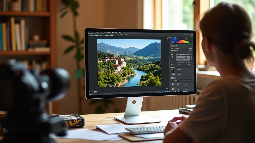 Schermo con software di editing fotografico aperto, mostrando il ritocco di immagini turistiche con colori naturali e luminosi