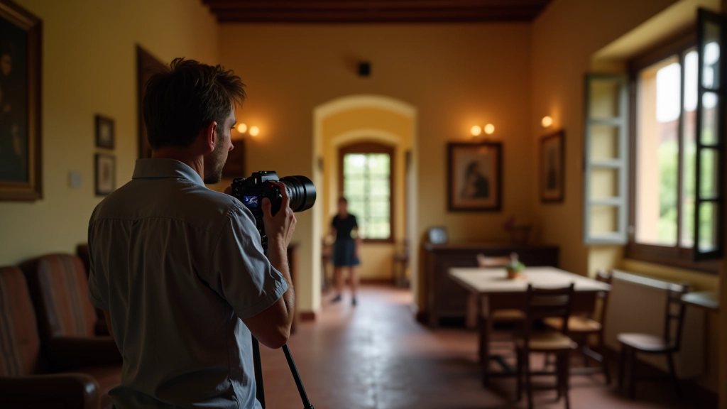 Fotografo professionista con fotocamera 4K su treppiede, scatta interno di agriturismo rustico, luce naturale da finestra, composizione ben illuminata