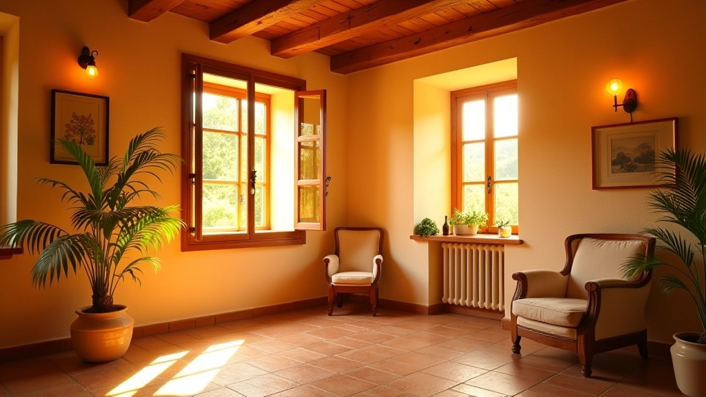 Interno di agriturismo con luce naturale dorata che entra dalle finestre, stanza ben illuminata con atmosfera accogliente, colori caldi naturali