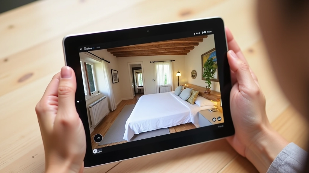 Schermata di un tour virtuale interattivo su tablet, visualizzazione immersiva di una camera da letto, con frecce di navigazione e zoom controls visibili